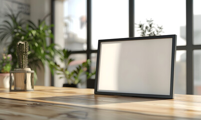 Frame concept mockup on wooden table with blurred background, Generative AI 