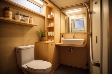 A compact bathroom in a tiny home on wheels with space-saving solutions