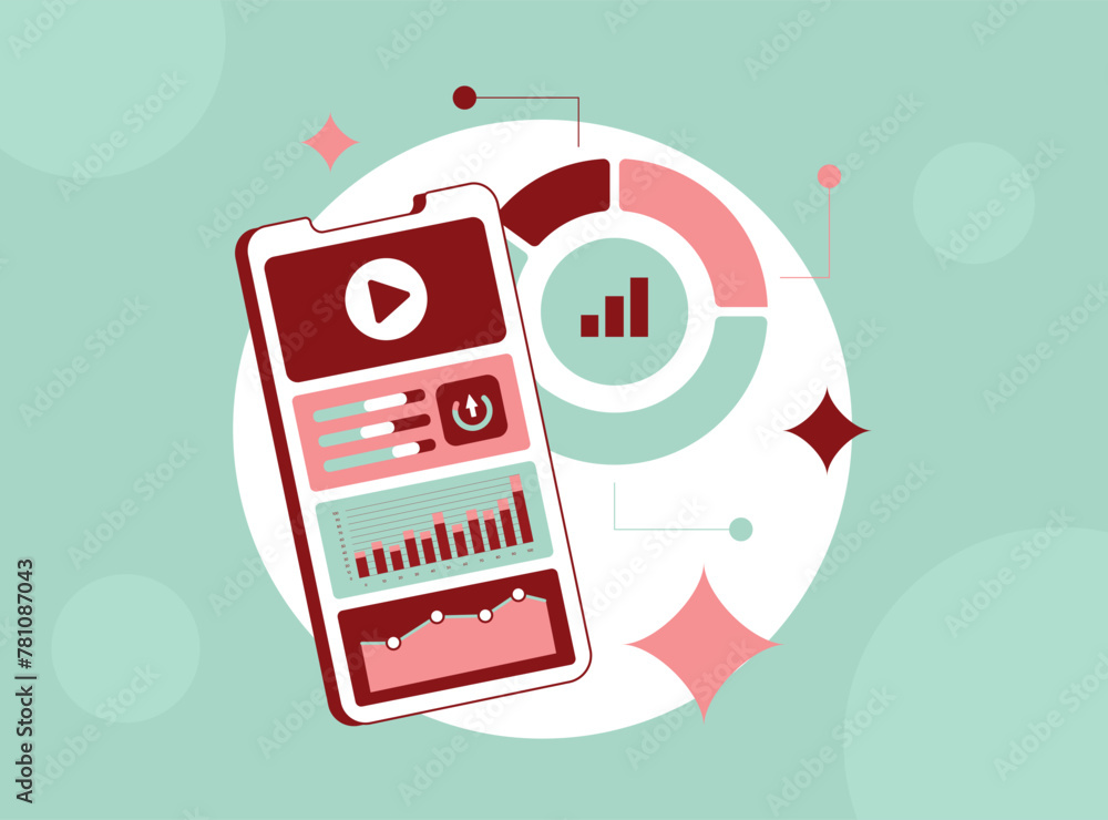 Poster infographic with stats dashboard on mobile video growth. video analytics charts with rising viewersh