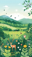 Naklejka premium Craft a vector scene showcasing a peaceful field with diverse plant life and animals, ideal for tranquil card designs.