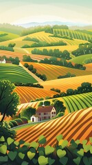 Naklejka premium Craft a vibrant vector scene of rolling hills, lush fields, and farms, incorporating a rich palette for stunning cover designs.
