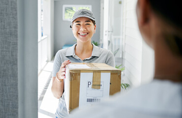 Woman, portrait and delivery at front door with box for customer service or logistics, ecommerce or online shopping. Asian person, face and product parcel with distribution, supply chain or retail