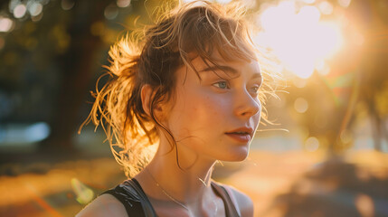 Close up portrait of sweaty woman, Healthy fitness girl running in morning to maintain her figure and fitness
