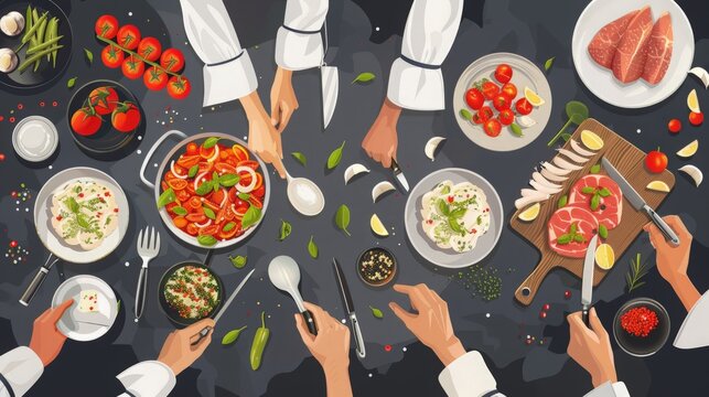 Visualize a culinary school banner, with an inviting top-down view of cooking in progress, from chopping to plating, in vibrant vector format.