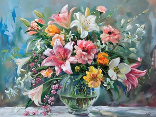 Composition with flowers painted in oil