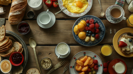 Morning breakfast, fruits, milk, coffee, tea on the table from top view
