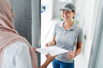 Happy, woman and envelope with delivery for package, ecommerce and supply chain distribution. Muslim person, house and people with document for logistics industry, shipping or online shopping for Eid