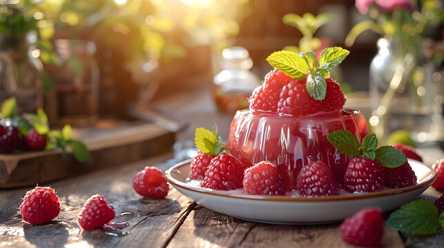 Strawberry dessert. Strawberry jelly, panna cotta with strawberry in a dish on a wooden background. Summer dessert with fruit jelly and fresh strawberry.