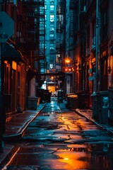 Dramatic blue and orange gloomy cinematic New York alley