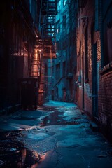 Dark narrow New York alleyway fire escape