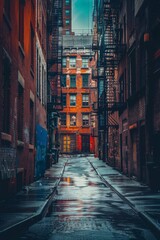 Narrow New York side street urban apartments - obrazy, fototapety, plakaty