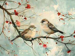 Hand-painted illustration, two birds playing in the branches