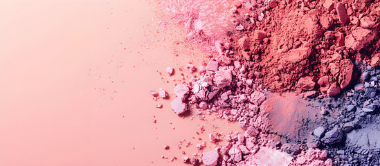 Colored loose cosmetic pigments on a pink background. Concept template banner for advertising...