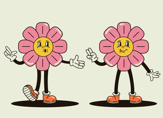 funny flower characters in the groove style vector illustration