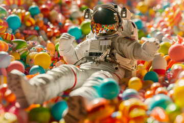 An astronaut floating in surreal candy universe full of colorful sweets.