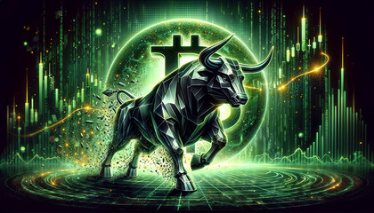 Bitcoin coin with silver bull and stock chart isolated on black. Bullish market of BTC