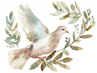 Cheerful watercolor dove holding an olive branch with a peaceful expression