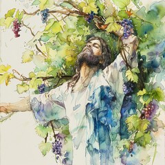 Gentle watercolor depiction of Jesus as the vine with branches spreading out