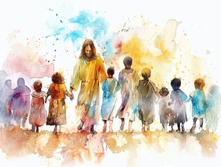 Illustration of Jesus walking with children of different nationalities in soft watercolors