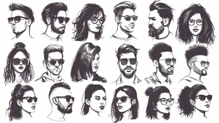 Sketch grunge males and females people portraits flat