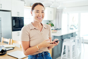 Kitchen, home and portrait of woman with smartphone for remote work, communication and online job....