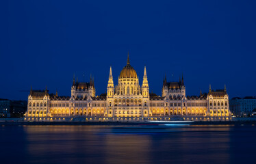 Incredible front view on Parliament building in Budapest with fantastic perfect sky and reflection...