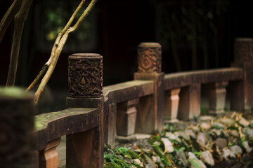 Naklejka premium ancient stone fence, Asian, traditional, garden, park, nature, stone, lake, summer, spring, autumn, seasons, background