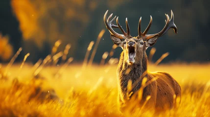Foto op Plexiglas An angry deer roars in the forest. © Janis Smits