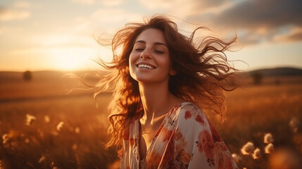 Portrait of calm happy smiling free woman with closed eyes - 781089231