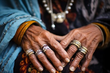 
An intimate close-up of a middle-aged female Bedouin, her weathered hand adorned with traditional jewelry, contrasting against the soft hues of her attire - obrazy, fototapety, plakaty