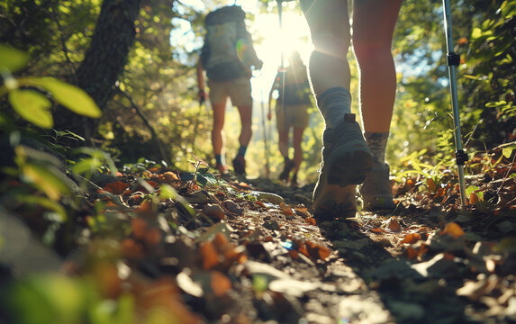 Group of hikers trekking through nature, captured from behind - outdoor adventure, scenic trail, group activity.