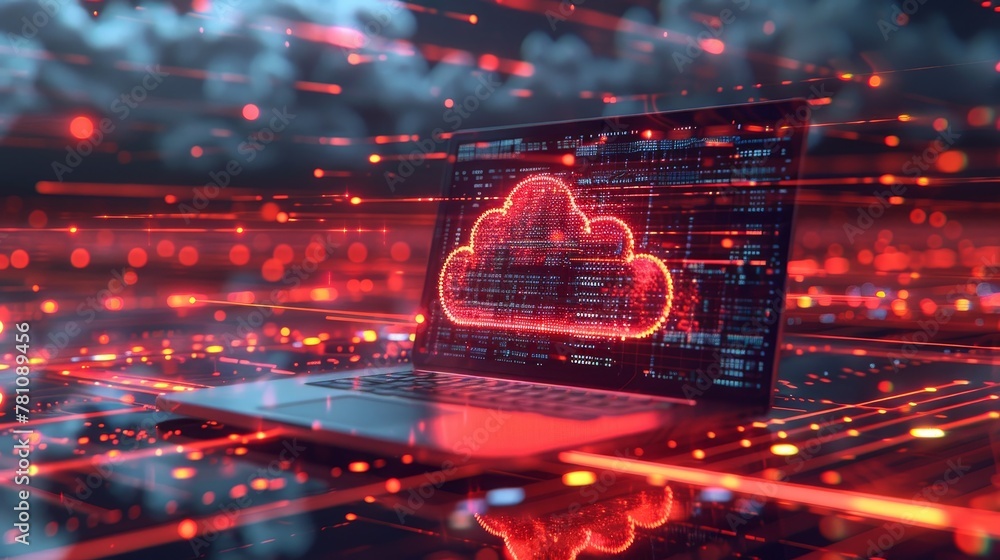 Poster cloud applications: a laptop displaying a cloud-based software application