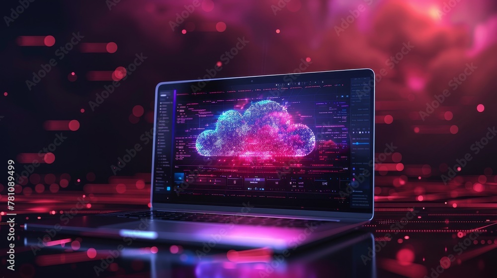 Poster cloud applications: a laptop displaying a cloud-based software application