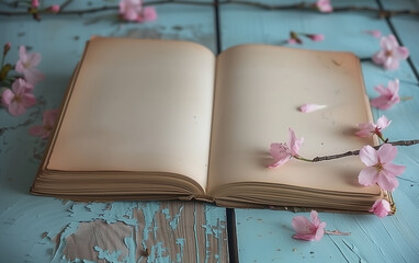 Pink sakura cherry blossoms laying next to an open vintage notebook with copy space. 