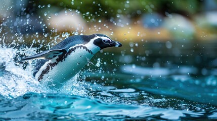 A penguin diving into the water with a splash, showcasing their graceful swimming abilities.