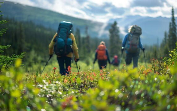 Group of hikers trekking through nature, captured from behind - outdoor adventure, scenic trail, group activity.