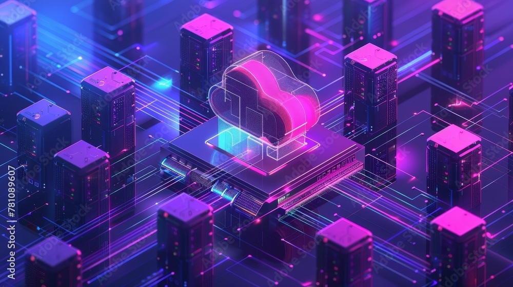 Poster cloud computing: a cloud infrastructure illustration with data flowing between servers and devices