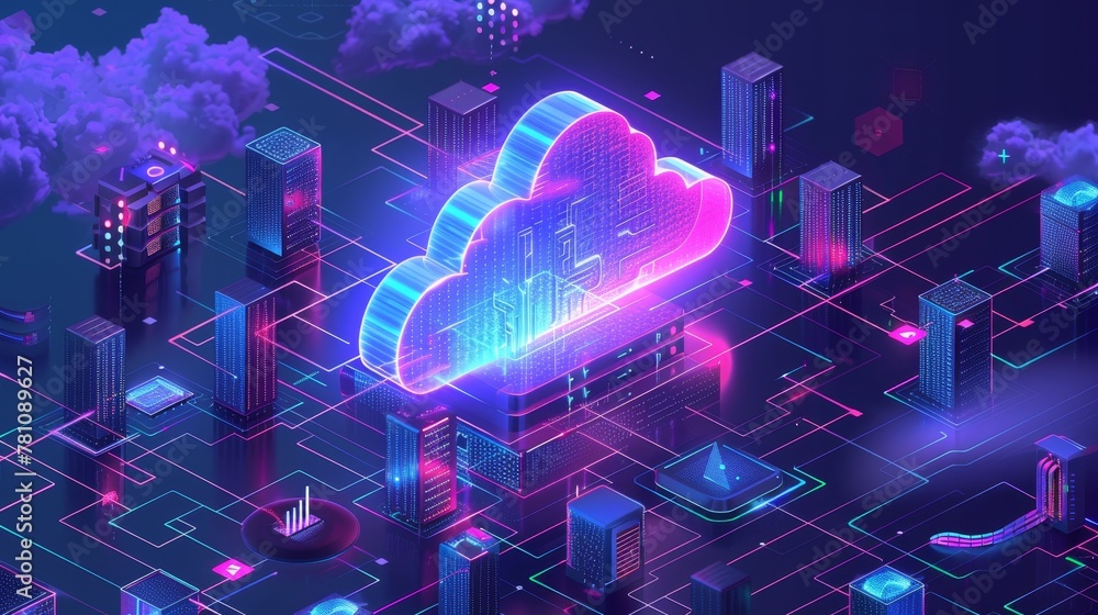 Poster cloud computing: a cloud infrastructure illustration with data flowing between servers and devices