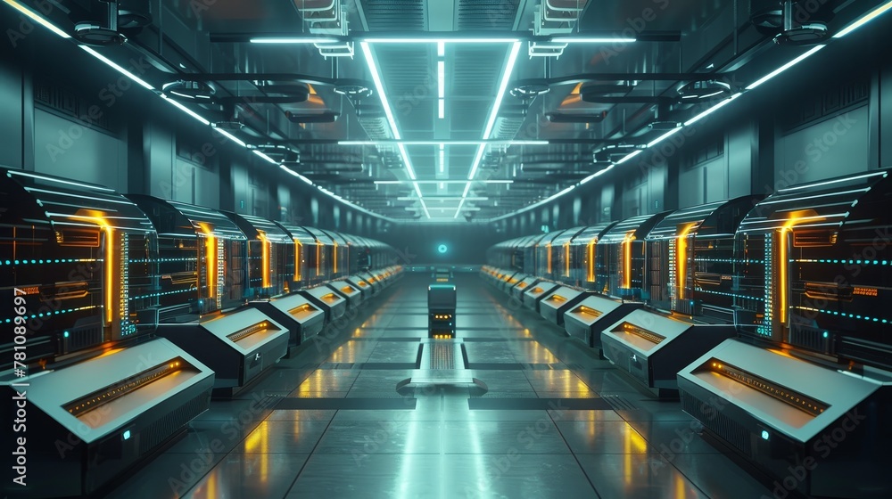 Poster cloud computing: a futuristic data center with rows of servers and high-tech equipment