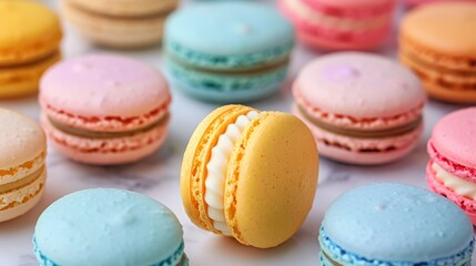Obraz premium Assorted colorful macarons in a row with selective focus on a bright background 