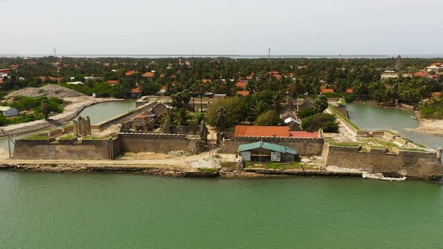 Aerial drone of ancient Portuguese fort on the island of Mannar. Sri Lanka.