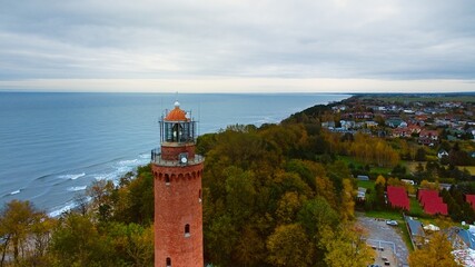 Captured by drone on a cloudy November day, the Gąski lighthouse. © Grzegorz