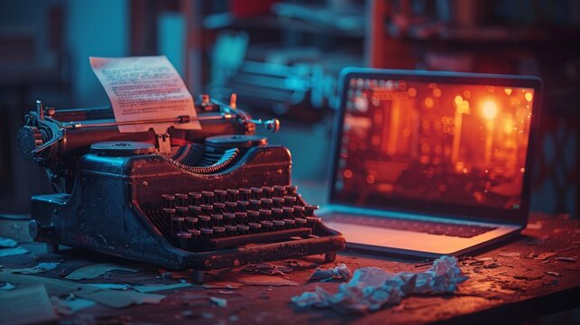 Retro typewriter with illuminated laptop in a dark creative writer's workspace
