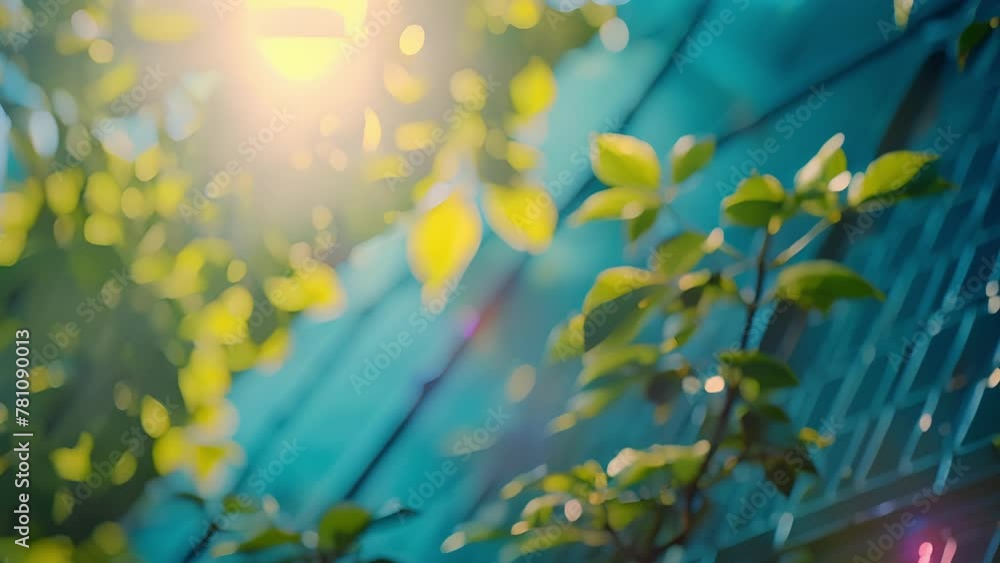 Poster sunlight filters through the leaves of a tree casting shadows on a row of solar panel installations 
