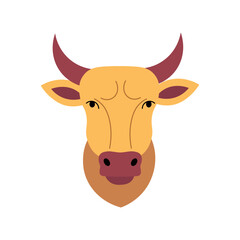 A close-up portrait of a bull. Portrait of a bull from the front. Bull head with horns. Flat style