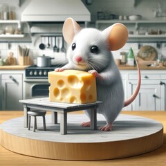 An adorable, stylized mouse standing by a miniature table, savoring a large piece of Swiss cheese in a homey kitchen setting.