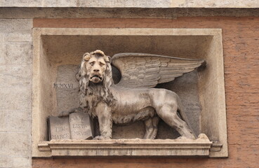 Winged Lion Statue on the Facade of Palazzo Venezia in Rome, Italy