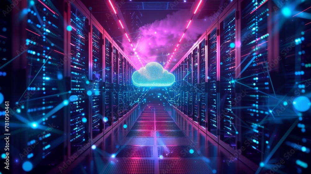 Poster cloud networking: illustration of a cloud server with interconnected network nodes