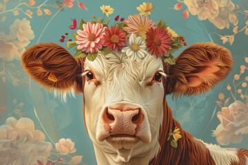 The cow with flowers on its head, wreath of flowers on the muzzle - obrazy, fototapety, plakaty