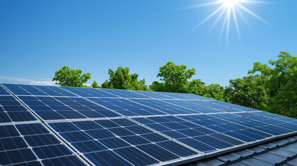 Solar panels on a roof of a house, sun shining. A row of solar batteries for suns energy. Trees and greenery around. Sustainable renewable solar power, eco-consiousness. Green energy concept